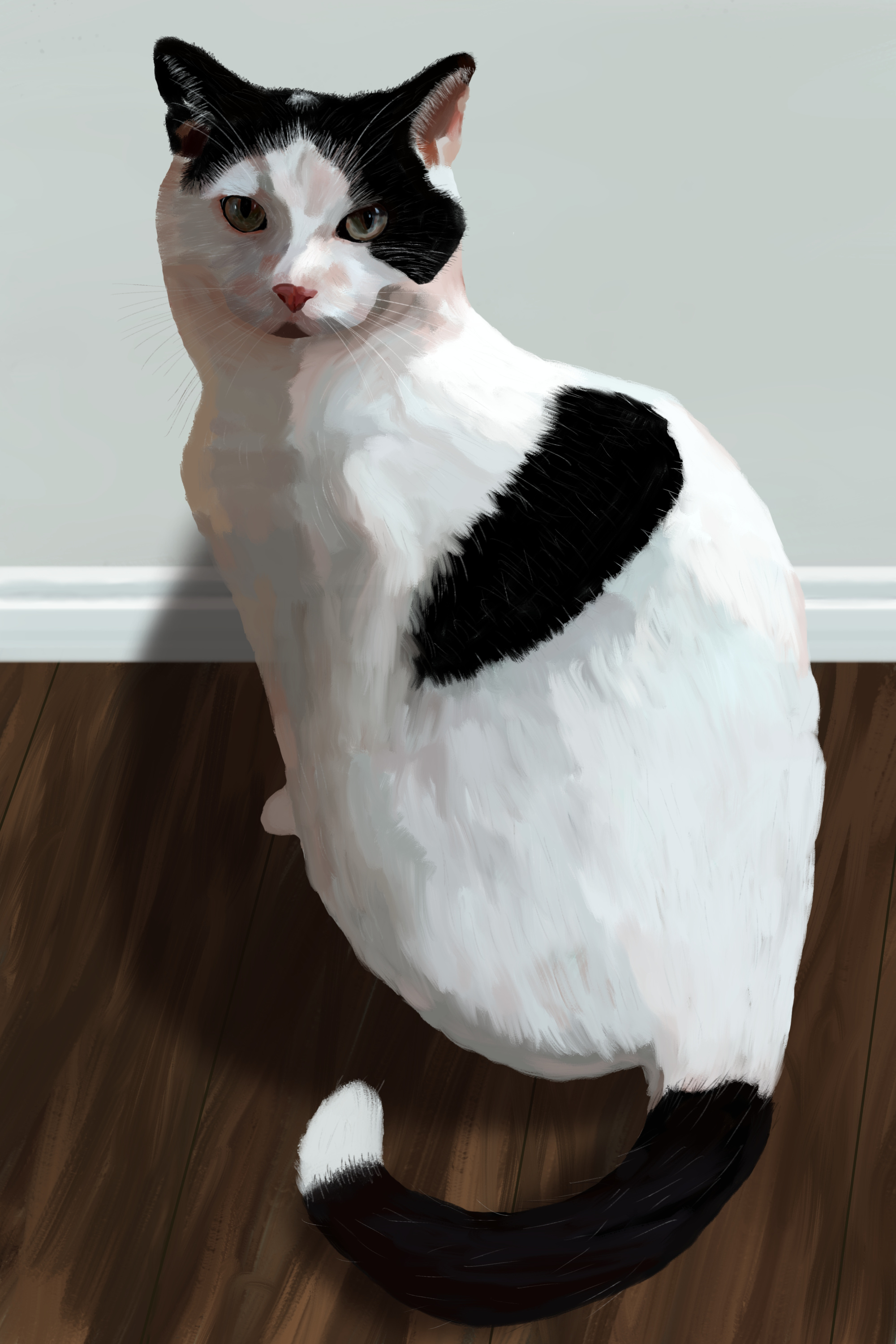 A painting of a mostly white cat with a big black spot on his back, a black tail except for the tip, and parts of the face black. He's sitting on a wooden floor in front of a neutral wall.