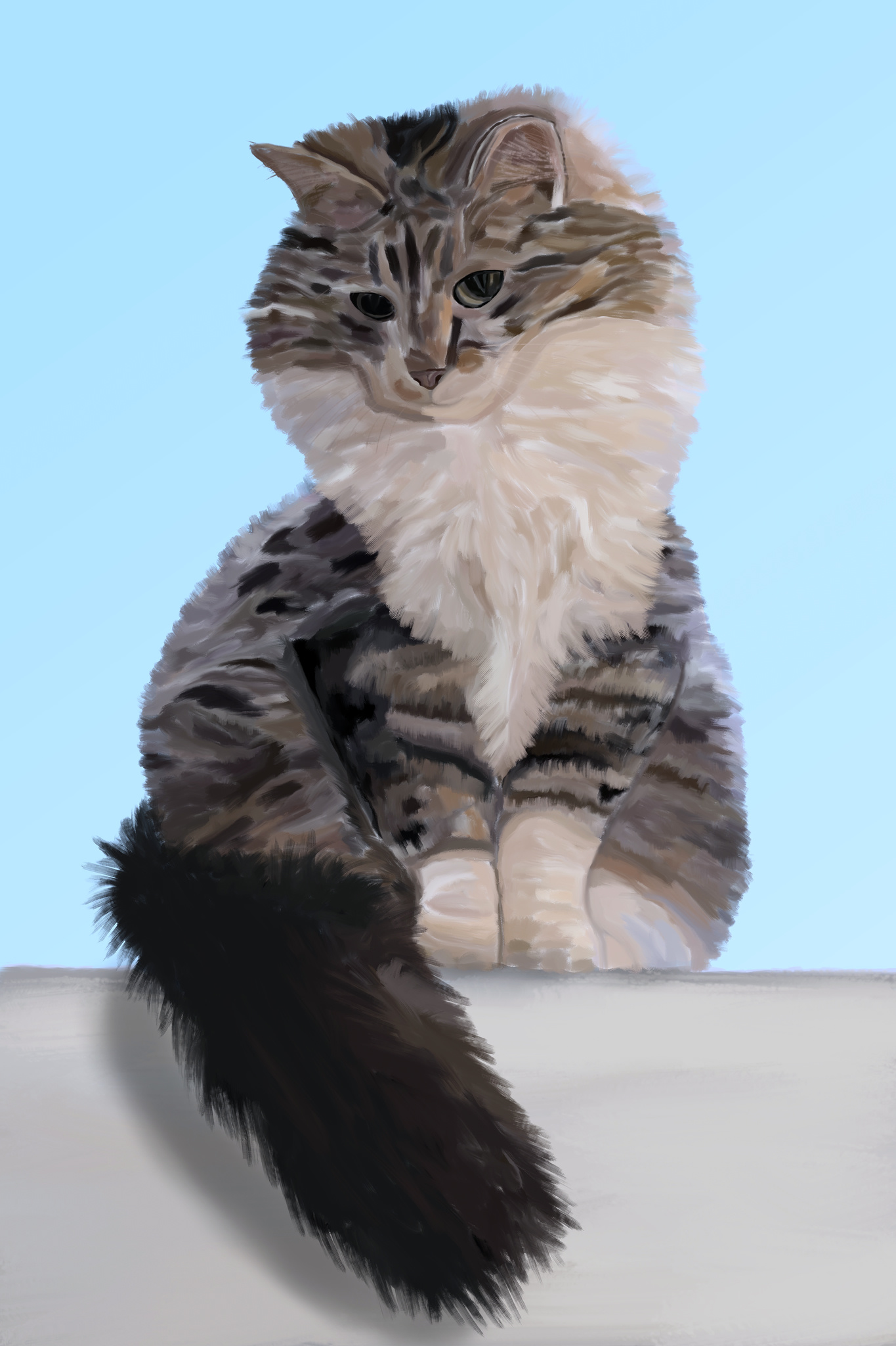 A painting of a cat with majesticly bushy fur, with a mostly tabby coat, except for a white neck and chest and white socks, and a massively bushy black tail. The cat is sitting on a greay wall in front of a blue background.