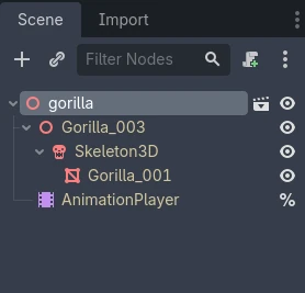A screenshot of the Scene Tree in the Godot editor showing the structure of the imported scene with the skeleton, mesh and animation player instances