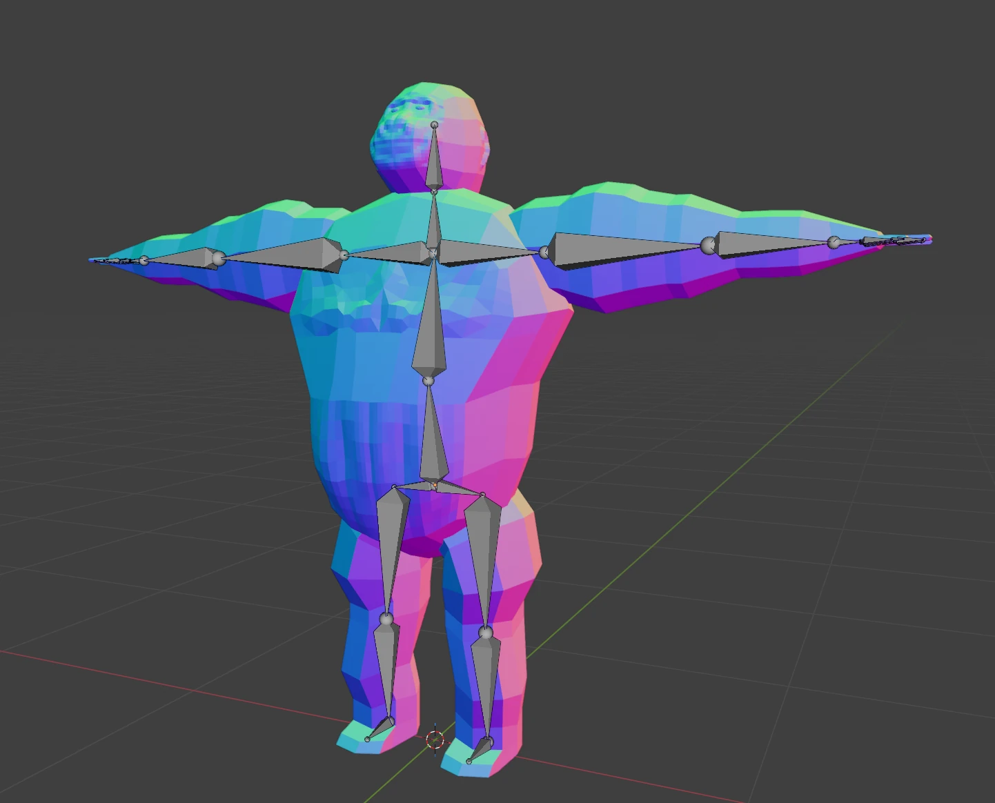 A humanoid shape with a face and pecs a T-Pose in the Blender3D modelling software, and an underlying bone-structure for animation.